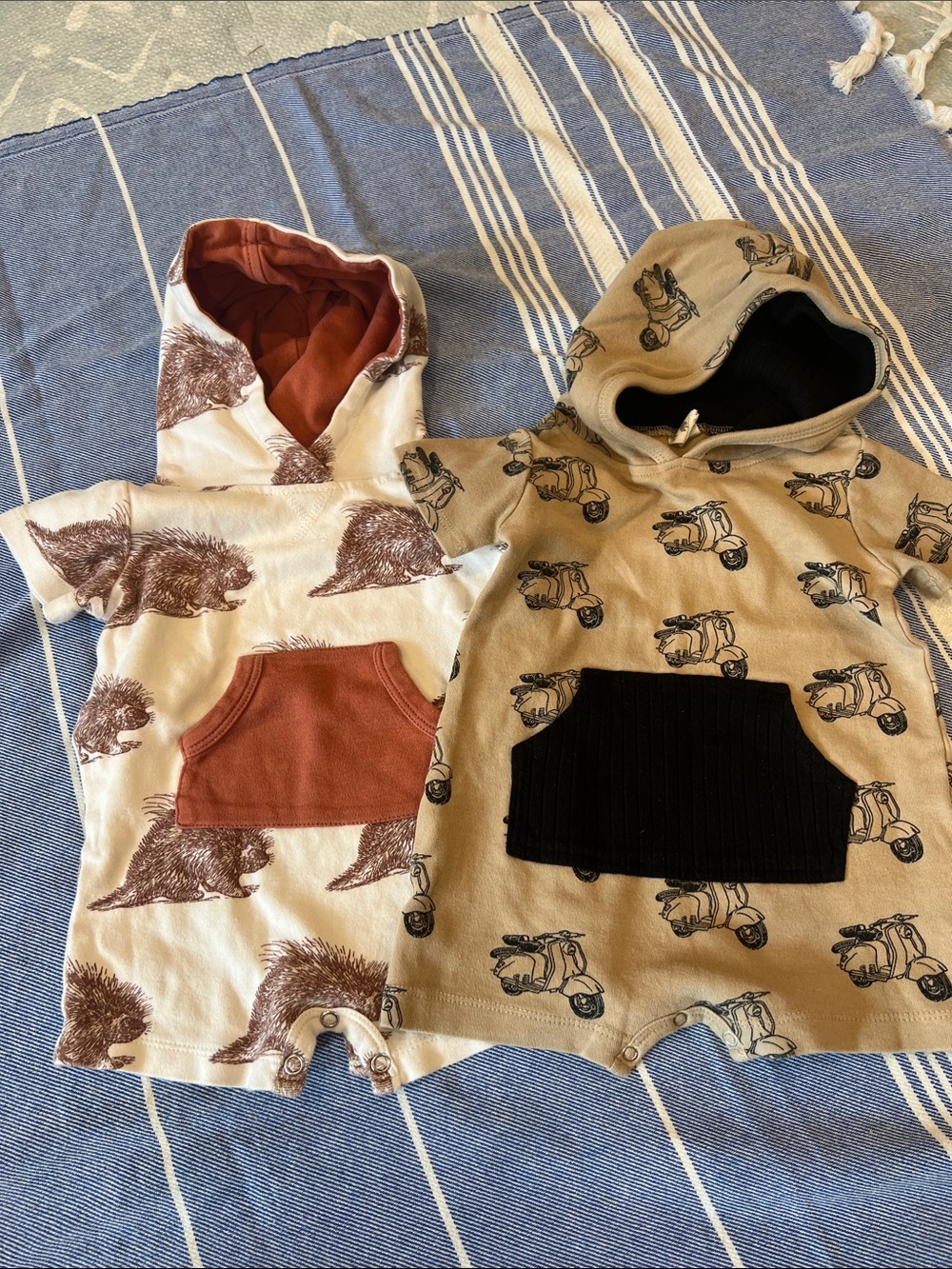 Kate Quinn Baby Hooded Romper Set with Animal & Scooter Prints - Cream & Tan